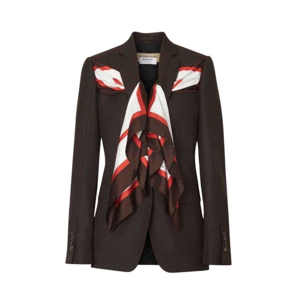 Burberry Runway Size 6 Wool Brown Blazer Jacket Silk Scarf Detail NWT $2,550